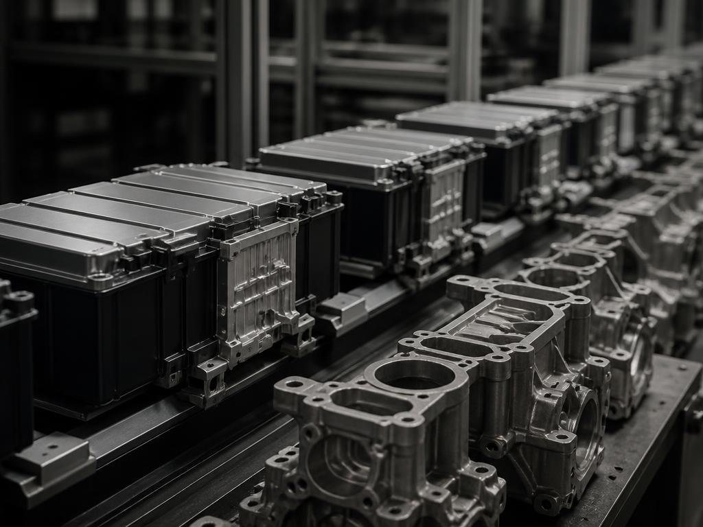 Battery modules and cast components on a factory line